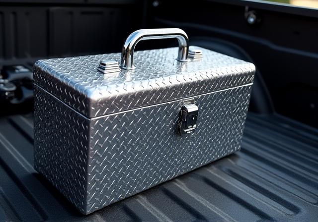 Aluminum diamond plate toolbox in a truck bed