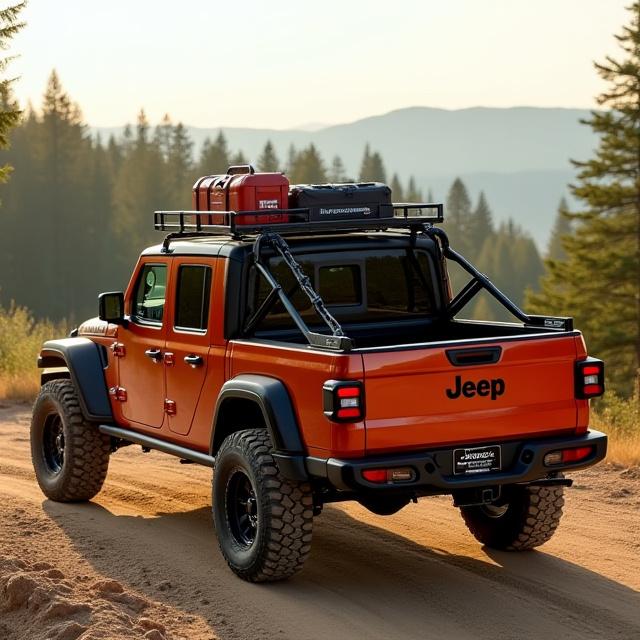 Jeep Gladiator equipped with an overlanding bed rack system