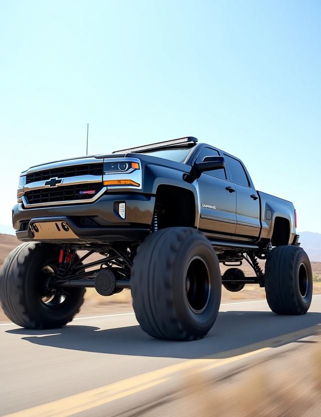 Lifted Chevy Silverado with custom accessories and oversized tires