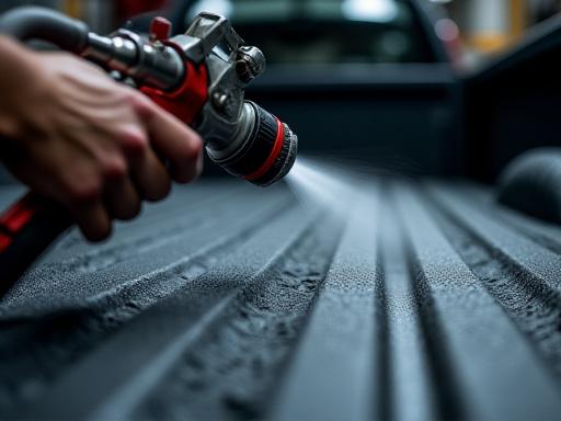 Technician spraying bed liner with specialized gun