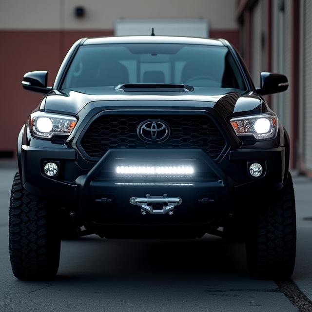 Toyota Tacoma with a robust front bull bar and auxiliary lights