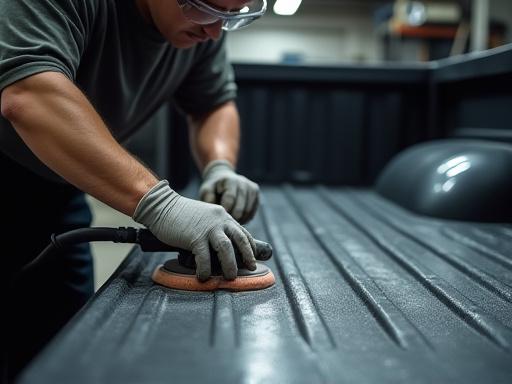 Technician preparing truck bed for spray liner